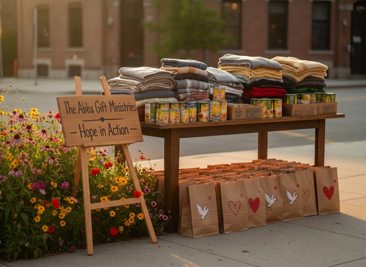A neatly arranged outdoor donation station focused on a sturdy wooden table covered with folded blankets, boxed canned goods, and neatly stacked paper bags labeled with simple heart and dove illustrations. The table is set beside a small urban garden bed with blooming wildflowers and a modest sign reading “The Abea Gift Ministries – Hope in Action” mounted on a wood easel. Late afternoon golden-hour sunlight bathes the scene, casting soft, elongated shadows and gentle highlights on the textures of fabric, cardboard, and wood. Photographic realism at eye level, with a shallow depth of field that blurs the distant city sidewalk and brick buildings, creating a warm, calm, and uplifting atmosphere that emphasizes grassroots community care and quiet dignity.